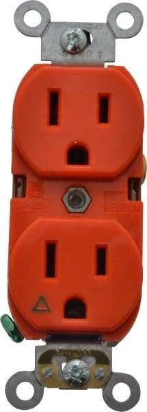 Leviton - 125 VAC, 15 Amp, 5-15R NEMA Configuration, Orange, Industrial Grade, Isolated Ground Duplex Receptacle - 1 Phase, 2 Poles, 3 Wire, Flush Mount, Tamper Resistant - Eagle Tool & Supply