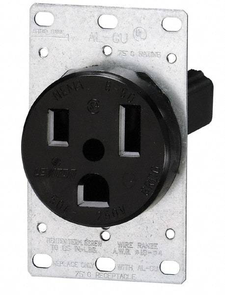 Leviton - 250 VAC, 50 Amp, 15-50R NEMA Configuration, Black, Industrial Grade, Self Grounding Single Receptacle - 3 Phase, 3 Poles, 4 Wire, Flush Mount, Tamper Resistant - Eagle Tool & Supply