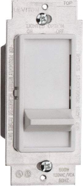 Leviton - 1 Pole, 120 VAC, 60 Hz, 600 Watt, Residential Grade, Slide Switch, Wall and Dimmer Light Switch - 1.73 Inch Wide x 4.13 Inch High, Incandescent - Eagle Tool & Supply