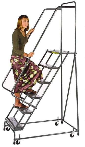 Ballymore - 83" 5 Step Ladder - Spring Loaded Rolling Safety Ladder, 450 Lb Capacity, 47-1/2" Platform Height, 20" Base Width x 42" Depth, Expanded Metal Tread - Eagle Tool & Supply