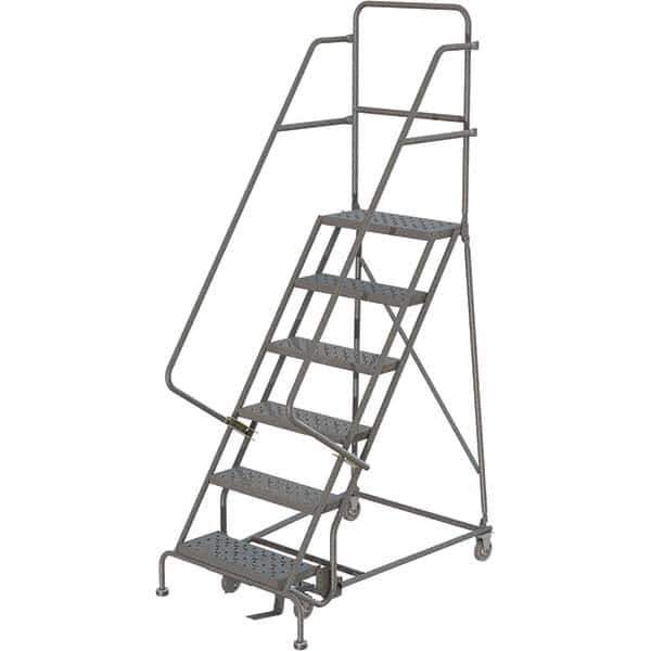 TRI-ARC - 96" 6 Step Rolling Platform Ladder - 450 Lb Capacity, 60" Platform Height, 27" Base Width x 50" Depth, Perforated Tread - Eagle Tool & Supply