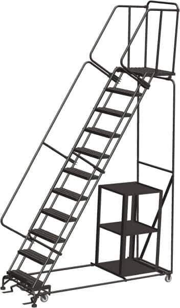 Ballymore - 143" 11 Step Ladder - Safety Stock Picking Ladder, 450 Lb Capacity, 110" Platform Height, 32" Base Width x 87" Depth, Expanded Metal Tread - Eagle Tool & Supply