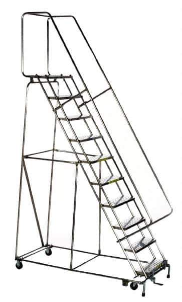 Ballymore - 133" 10 Step Ladder - Rolling Safety Ladder, 450 Lb Capacity, 100" Platform Height, 32" Base Width x 74" Depth, Heavy-Duty Serrated Grating - Eagle Tool & Supply