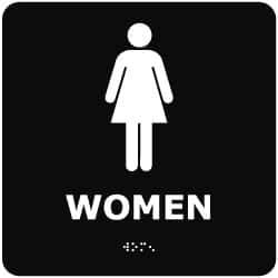 NMC - Women, 8" Wide x 8" High, Plastic Sign - English, Braille, White on Black, Wall Mount - Eagle Tool & Supply