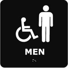 NMC - Men, 8" Wide x 8" High, Plastic Sign - English, Braille, White on Black, Wall Mount - Eagle Tool & Supply