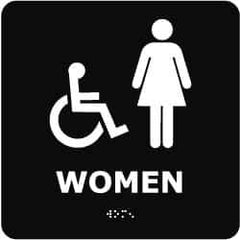 NMC - Women, 8" Wide x 8" High, Plastic Sign - English, Braille, White on Black, Wall Mount - Eagle Tool & Supply