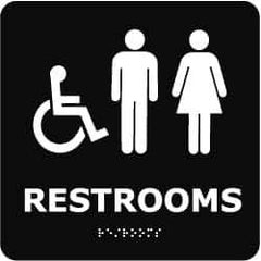 NMC - Restrooms, 8" Wide x 8" High, Plastic Sign - English, Braille, White on Black, Wall Mount - Eagle Tool & Supply