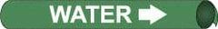 NMC - Pipe Marker with Water Legend and Arrow Graphic - 3-3/8 to 4-1/2" Pipe Outside Diam, White on Green - Eagle Tool & Supply