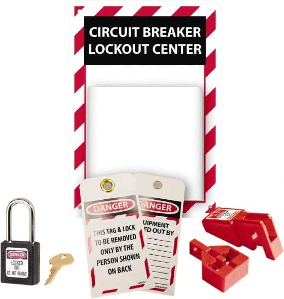 NMC - 5 Piece, Equipped Polystyrene Tag and Padlock / Hasp Station - 7 Inch Wide x 10 Inch High, Red, White and White on Black - Eagle Tool & Supply