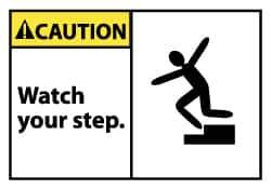 NMC - Accident Prevention Label, Header: CAUTION - Legend: Caution - Watch Your Step, English, Black, Yellow & White, 5" Long x 3" High, Sign Muscle Finish - Eagle Tool & Supply
