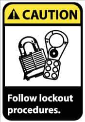 NMC - Accident Prevention Label, Header: CAUTION - Legend: Caution - Follow Lock-Out Procedures, English, Black, Yellow & White, 5" Long x 3" High, Sign Muscle Finish - Eagle Tool & Supply