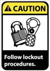 NMC - Accident Prevention Label, Header: CAUTION - Legend: Caution - Follow Lock-Out Procedures, English, Black, Yellow & White, 5" Long x 3" High, Sign Muscle Finish - Eagle Tool & Supply