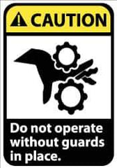 NMC - Accident Prevention Label, Header: CAUTION - Legend: Caution - Do Not Operate without Guards in Place, English, Black, Yellow & White, 5" Long x 3" High, Sign Muscle Finish - Eagle Tool & Supply