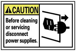 NMC - Accident Prevention Label, Header: CAUTION - Legend: Caution - Before Cleaning or Servicing Disconnect Power Supplies, English, Black, Yellow & White, 5" Long x 3" High, Sign Muscle Finish - Eagle Tool & Supply
