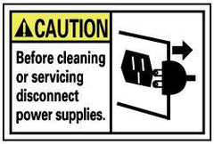 NMC - Accident Prevention Label, Header: CAUTION - Legend: Caution - Before Cleaning or Servicing Disconnect Power Supplies, English, Black, Yellow & White, 5" Long x 3" High, Sign Muscle Finish - Eagle Tool & Supply