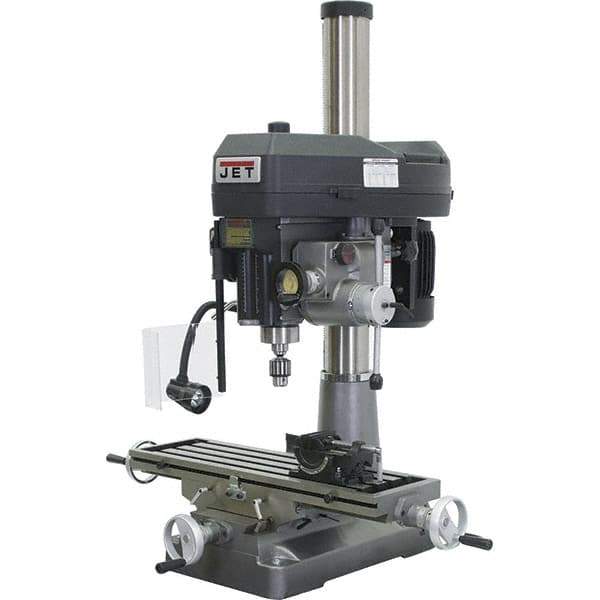 Jet - 1 Phase, 20-1/16" Swing, Step Pulley Mill Drill Machine - 31-3/4" Table Length x 9-1/2" Table Width, 20-1/2" Longitudinal Travel, 7" Cross Travel, 12 Spindle Speeds, 2 hp, 230 Volts - Eagle Tool & Supply