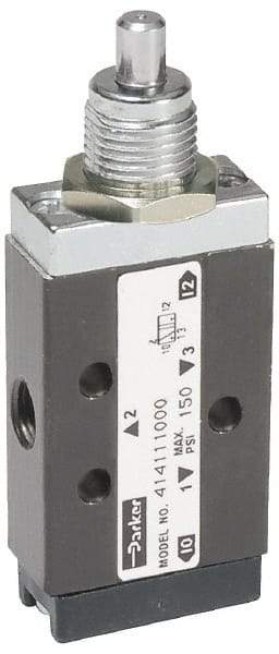 Parker - 0.20 CV Rate, 1/8" NPT Inlet Direct Air 2 Mechanical Spool Valve - 3 Way, 2 Position, 150 Max psi, Plunger Spring Return - Eagle Tool & Supply