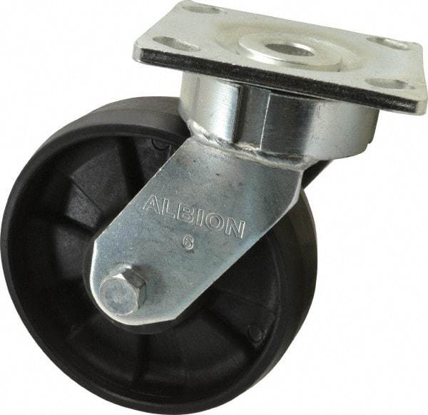 Albion - 6" Diam x 2" Wide x 7-1/2" OAH Top Plate Mount Swivel Caster - Glass Filled Nylon, 1,200 Lb Capacity, Precision Sealed Bearing, 4 x 4-1/2" Plate - Eagle Tool & Supply