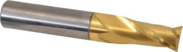 Hertel - 9/16", 1-1/4" LOC, 9/16" Shank Diam, 3-1/2" OAL, 2 Flute, Solid Carbide Square End Mill - Single End, TiN Finish, Spiral Flute, 30° Helix, Centercutting, Right Hand Cut - Eagle Tool & Supply