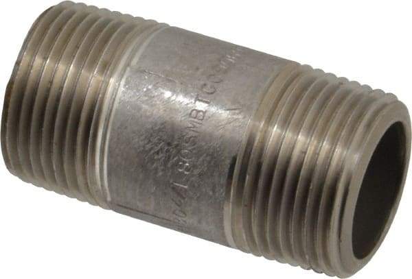 Merit Brass - Schedule 80, 1" Pipe x 2-1/2" Long, Grade 304/304L Stainless Steel Pipe Nipple - Seamless & Threaded - Eagle Tool & Supply