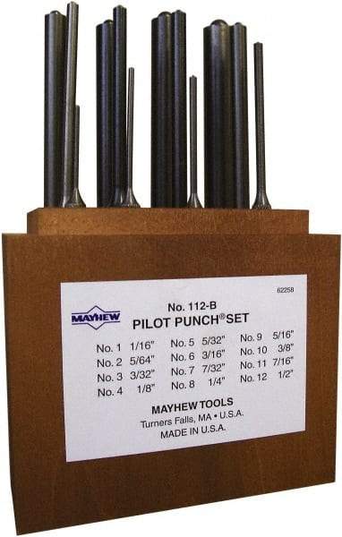 Mayhew - 12 Piece, 1/16 to 1/2", Roll Pin Punch Set - Round Shank, Alloy Steel, Comes in Wood Box - Eagle Tool & Supply