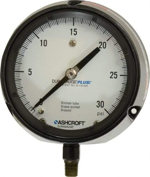 Ashcroft - 4-1/2" Dial, 1/4 Thread, 0-30 Scale Range, Pressure Gauge - Lower Connection, Rear Flange Connection Mount, Accurate to 0.5% of Scale - Eagle Tool & Supply