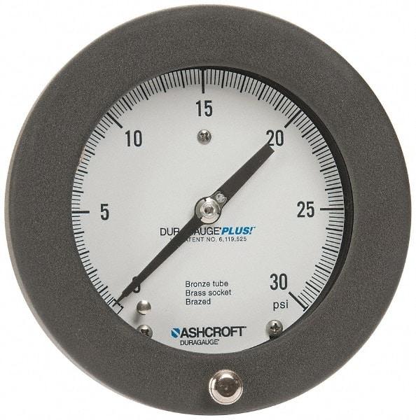 Ashcroft - 4-1/2" Dial, 1/4 Thread, 0-30 Scale Range, Pressure Gauge - Center Back Connection Mount, Accurate to 0.5% of Scale - Eagle Tool & Supply