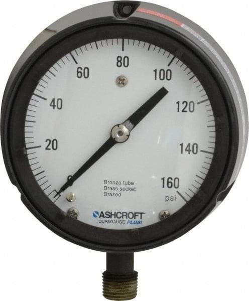 Ashcroft - 4-1/2" Dial, 1/2 Thread, 0-160 Scale Range, Pressure Gauge - Lower Connection, Rear Flange Connection Mount, Accurate to 0.5% of Scale - Eagle Tool & Supply