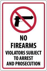 NMC - "No Firearms Violators Subject to Arrest and Prosecution", 18" Long x 12" Wide, Aluminum Safety Sign - Rectangle, 0.04" Thick, Use for Security & Admittance - Eagle Tool & Supply