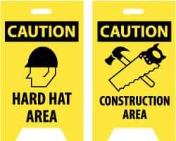 NMC - Caution - Hard Hat Area, Caution - Construction Area, 12" Wide x 20" High, Plastic Floor Sign - A-Frame, Black on Yellow, For Accident Prevention - Eagle Tool & Supply