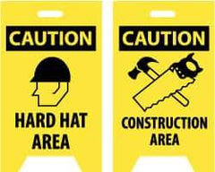 NMC - Caution - Hard Hat Area, Caution - Construction Area, 12" Wide x 20" High, Plastic Floor Sign - A-Frame, Black on Yellow, For Accident Prevention - Eagle Tool & Supply