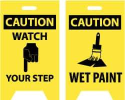 NMC - Caution - Watch Your Step, Caution - Wet Paint, 12" Wide x 20" High, Plastic Floor Sign - A-Frame, Black on Yellow, For Accident Prevention - Eagle Tool & Supply