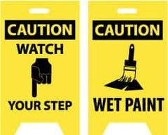NMC - Caution - Watch Your Step, Caution - Wet Paint, 12" Wide x 20" High, Plastic Floor Sign - A-Frame, Black on Yellow, For Accident Prevention - Eagle Tool & Supply
