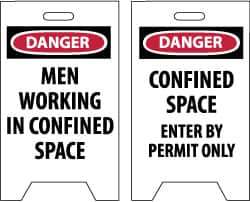NMC - Danger - Men Working in Confined Area, Danger - Confined Space - Enter by Permit Only, 12" Wide x 19" High, Plastic Floor Sign - A-Frame, Red & Black on White, For Accident Prevention - Eagle Tool & Supply