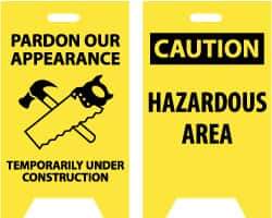 NMC - Pardon Our Appearance - Temporarily Under Construction, 12" Wide x 19" High, Plastic Floor Sign - A-Frame, Black on Yellow, For Accident Prevention - Eagle Tool & Supply