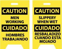 NMC - Caution - Men Working, Caution - Slippery When Wet, 12" Wide x 20" High, Plastic Floor Sign - English/Spanish, A-Frame, Black on Yellow, For Accident Prevention - Eagle Tool & Supply