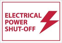 NMC - Accident Prevention Label - Legend: Electrical Power Shut-off, English, Red on White, 5" Long x 3" High, Sign Muscle Finish - Eagle Tool & Supply