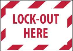 NMC - Accident Prevention Label - Legend: Lock-Out Here, English, Red on White, 5" Long x 3" High, Sign Muscle Finish - Eagle Tool & Supply