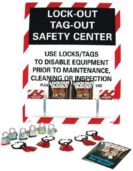 NMC - Equipped Polystyrene Tag and Padlock / Hasp Station - 24 Inch Wide x 30 Inch High, Red, White and White on Black - Eagle Tool & Supply