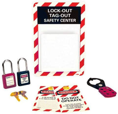 NMC - Equipped Polystyrene Tag and Padlock / Hasp Station - 7 Inch Wide x 10 Inch High, Red, White and White on Black - Eagle Tool & Supply