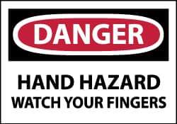 NMC - Hazardous Materials Label, Header: DANGER - Legend: Danger - Hand Hazard - Watch Your Fingers, English, Red, Black & White, 5" Long x 3" High, Sign Muscle Finish - Eagle Tool & Supply