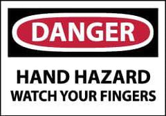 NMC - Hazardous Materials Label, Header: DANGER - Legend: Danger - Hand Hazard - Watch Your Fingers, English, Red, Black & White, 5" Long x 3" High, Sign Muscle Finish - Eagle Tool & Supply