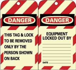 NMC - 3" High x 6" Long, DANGER - THIS TAG & LOCK TO BE REMOVED ONLY BY THE PERSON SHOWN ON BACK, English Safety & Facility Lockout Tag - Tag Header: Danger, 2 Sides, Black, Red & White Unrippable Vinyl - Eagle Tool & Supply