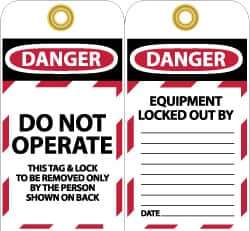 NMC - 3" High x 6" Long, DANGER - DO NOT OPERATE - THIS TAG & LOCK TO BE REMOVED ONLY BY THE PERSON SHOWN ON BACK, English Safety & Facility Lockout Tag - Tag Header: Danger, 2 Sides, Black, Red & White Unrippable Vinyl - Eagle Tool & Supply