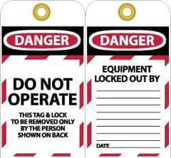 NMC - 3" High x 6" Long, DANGER - DO NOT OPERATE - THIS TAG & LOCK TO BE REMOVED ONLY BY THE PERSON SHOWN ON BACK, English Safety & Facility Lockout Tag - Tag Header: Danger, 2 Sides, Black, Red & White Unrippable Vinyl - Eagle Tool & Supply