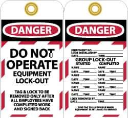 NMC - 3" High x 6" Long, DANGER - DO NOT OPERATE - EQUIPMENT LOCK-OUT, English Safety & Facility Lockout Tag - Tag Header: Danger, 2 Sides, Black, Red & White Unrippable Vinyl - Eagle Tool & Supply