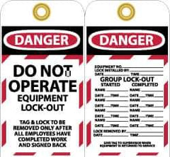NMC - 3" High x 6" Long, DANGER - DO NOT OPERATE - EQUIPMENT LOCK-OUT, English Safety & Facility Lockout Tag - Tag Header: Danger, 2 Sides, Black, Red & White Unrippable Vinyl - Eagle Tool & Supply