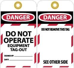 NMC - 3" High x 6" Long, DANGER - DO NOT OPERATE - EQUIPMENT TAG-OUT, English Safety & Facility Lockout Tag - Tag Header: Danger, 2 Sides, Black, Red & White Unrippable Vinyl - Eagle Tool & Supply