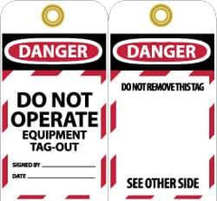 NMC - 3" High x 6" Long, DANGER - DO NOT OPERATE - EQUIPMENT TAG-OUT, English Safety & Facility Lockout Tag - Tag Header: Danger, 2 Sides, Black, Red & White Unrippable Vinyl - Eagle Tool & Supply