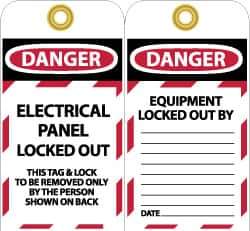 NMC - 3" High x 6" Long, DANGER - ELECTRICAL PANEL LOCKED OUT - THIS TAG & LOCK TO BE REMOVED ONLY BY THE PERSON SHOWN ON BACK, English Safety & Facility Lockout Tag - Tag Header: Danger, 2 Sides, Black, Red & White Unrippable Vinyl - Eagle Tool & Supply
